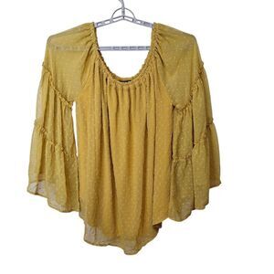 L & B Lucky & Blessed Off Shoulder Sleeve Top 3X Gold‎ Swiss Dot Fairy Core Boho